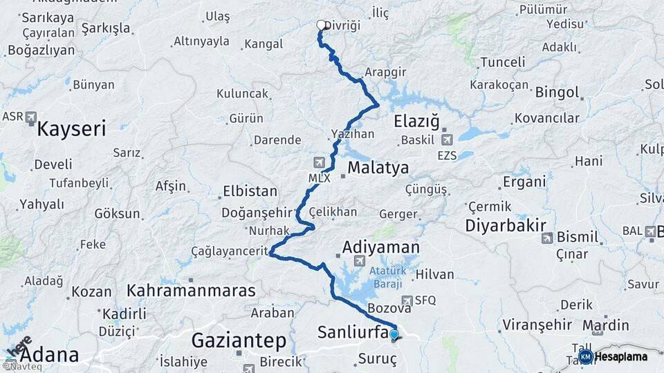 Şanlıurfa Divriği Sivas Arası Kaç Km - Yol Haritası