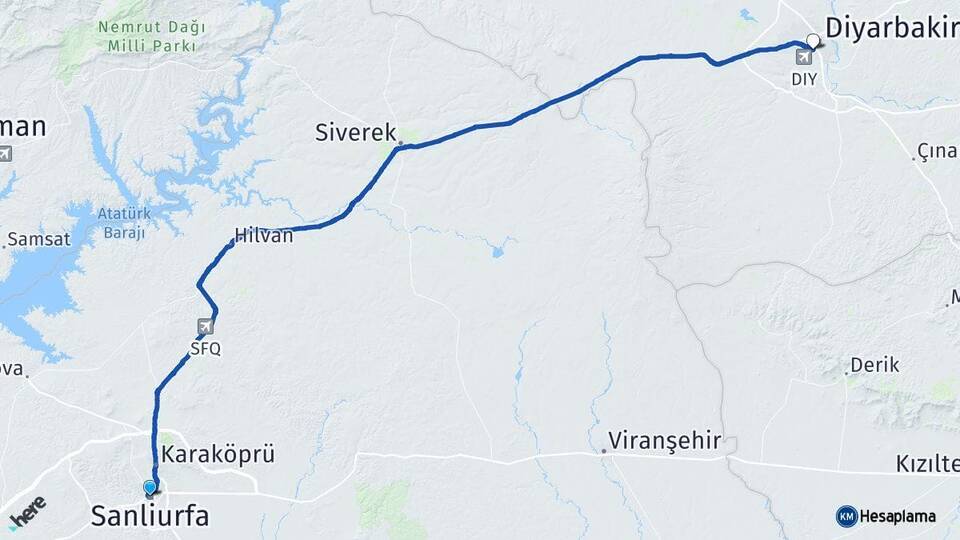 Şanlıurfa Diyarbakır Havalimanı Arası Kaç Km - Yol Haritası