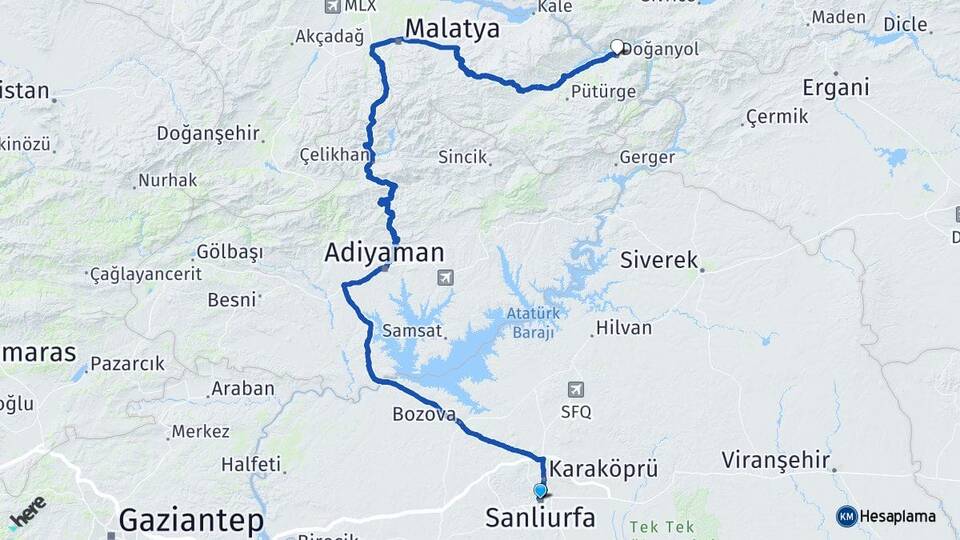 Şanlıurfa Doğanyol Malatya Arası Kaç Km - Yol Haritası