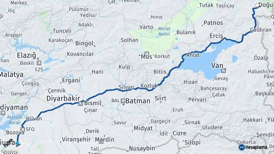 Şanlıurfa Doğubayazıt Ağrı Arası Kaç Km - Yol Haritası