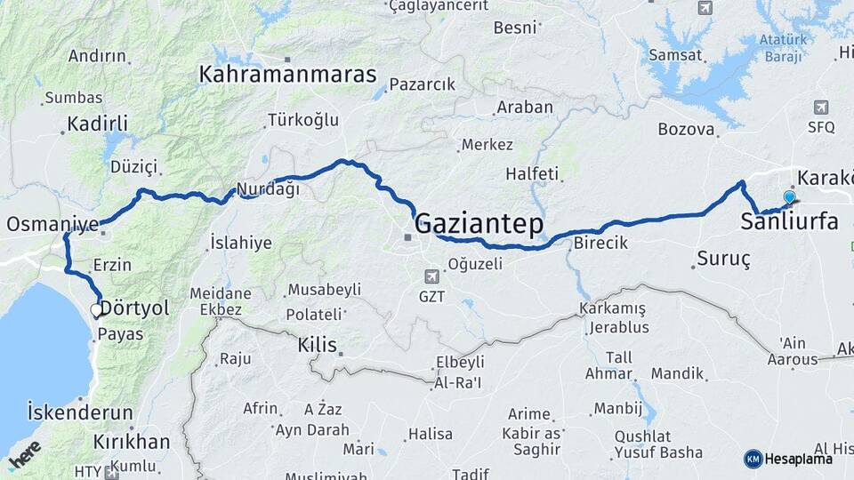 Şanlıurfa Dörtyol Hatay Arası Kaç Km - Yol Haritası