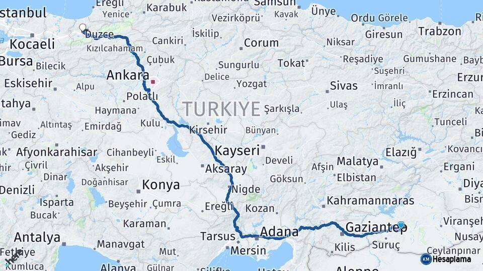 Şanlıurfa Düzce Arası Kaç Km - Yol Haritası