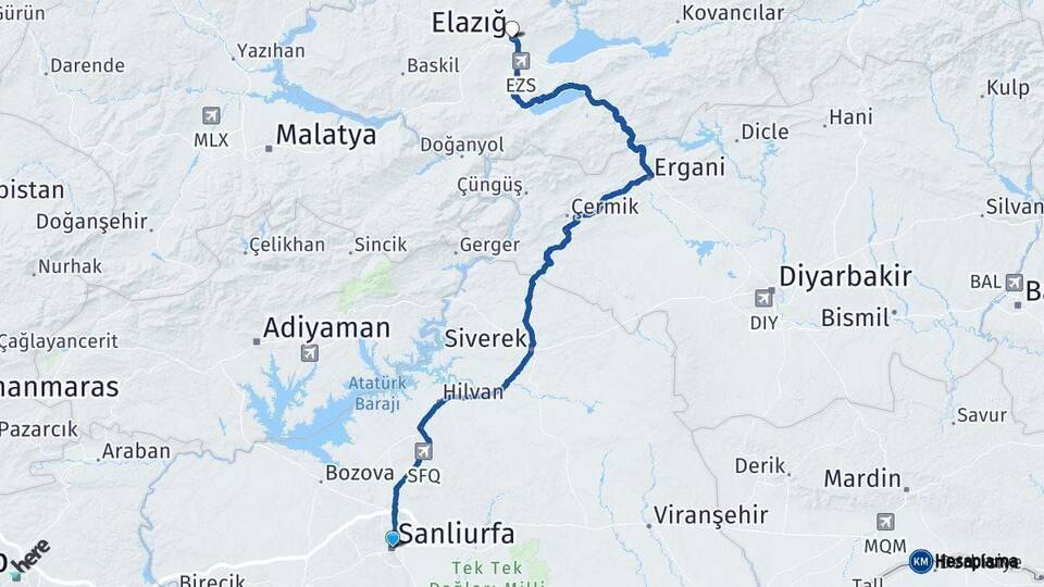 Şanlıurfa Elazığ Arası Kaç Km - Yol Haritası