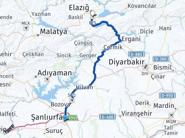 Şanlıurfa Elazığ Havalimanı Arası Kaç Km - Yol Haritası