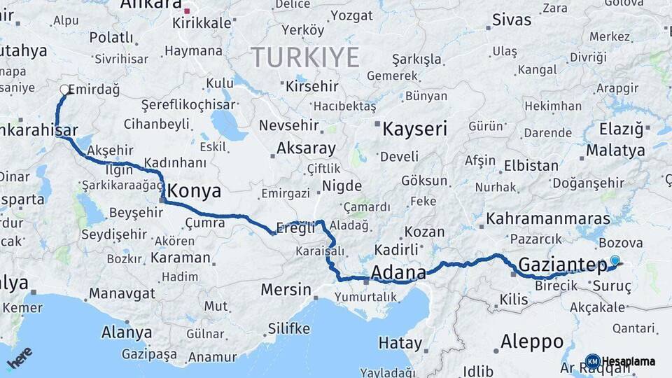 Şanlıurfa Emirdağ Afyonkarahisar Arası Kaç Km - Yol Haritası