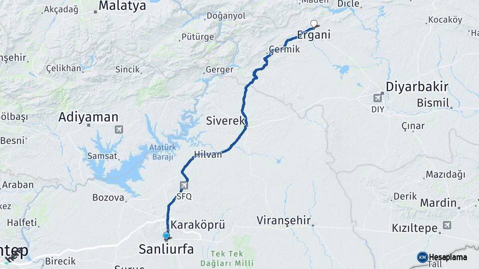 Şanlıurfa Ergani Diyarbakır Arası Kaç Km - Yol Haritası