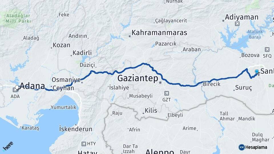 Şanlıurfa Eyyübiye Adana Arası Kaç Km - Yol Haritası