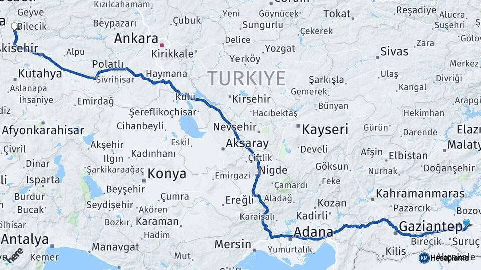 Şanlıurfa Eyyübiye Bilecik Arası Kaç Km - Yol Haritası