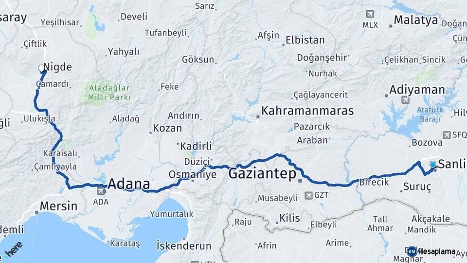 Şanlıurfa Eyyübiye Niğde Arası Kaç Km - Yol Haritası