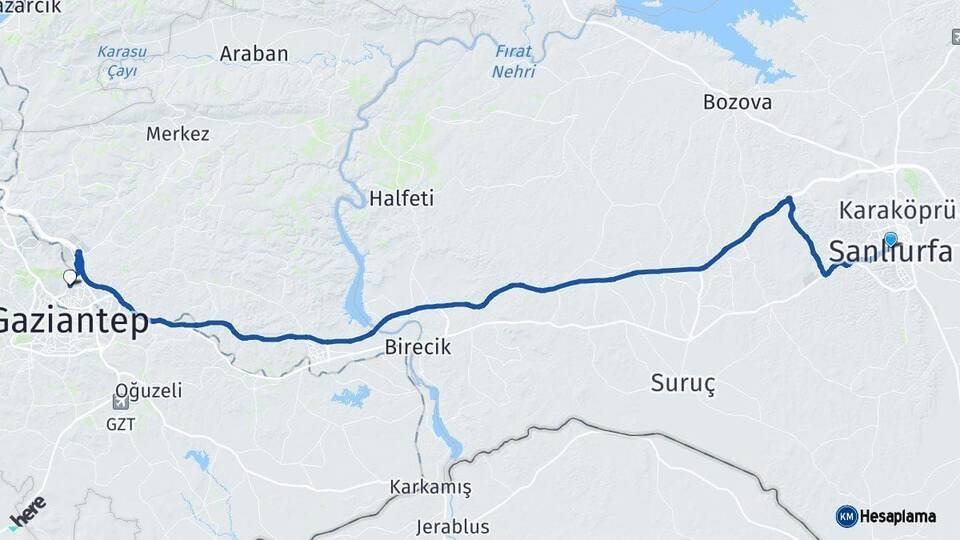 Şanlıurfa Gaziantep Arası Kaç Km - Yol Haritası