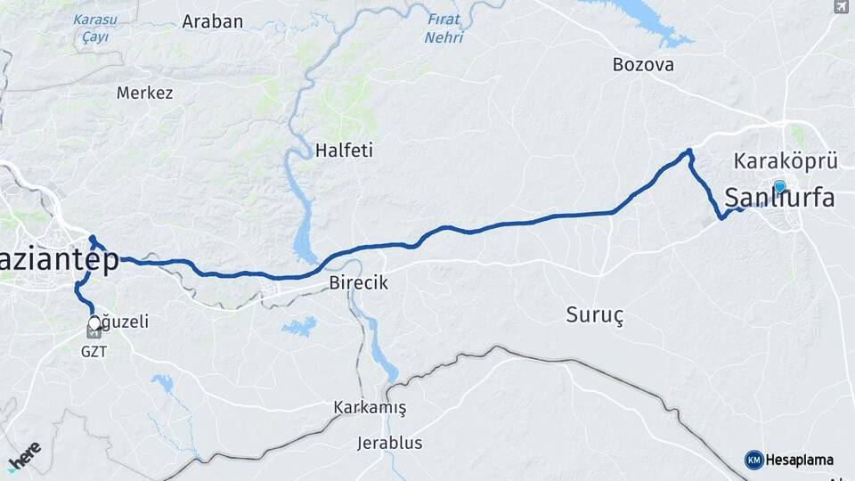 Şanlıurfa Gaziantep Havalimanı Arası Kaç Km - Yol Haritası