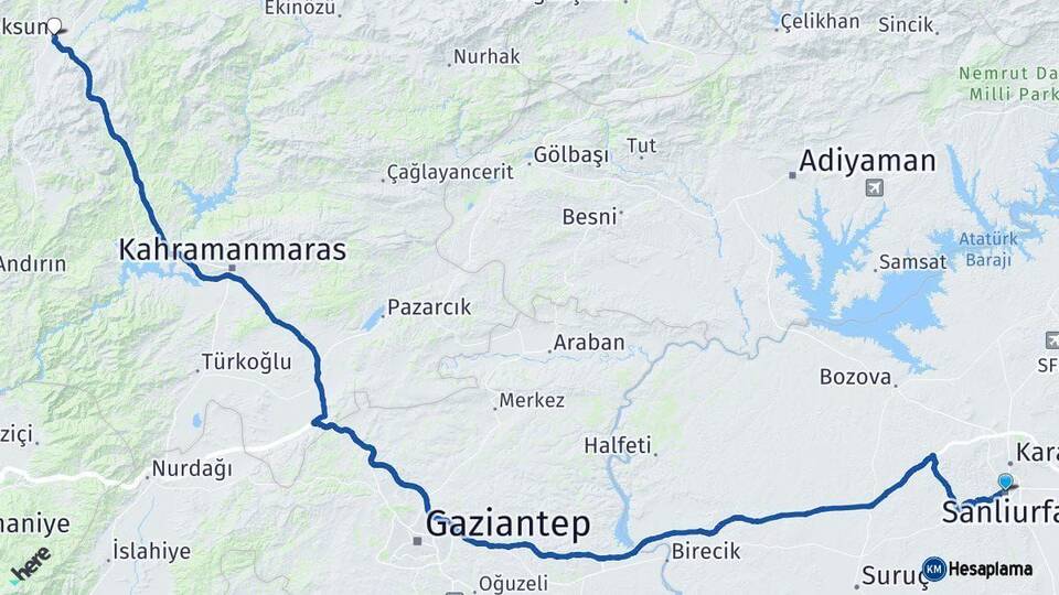 Şanlıurfa Göksun Kahramanmaraş Arası Kaç Km - Yol Haritası