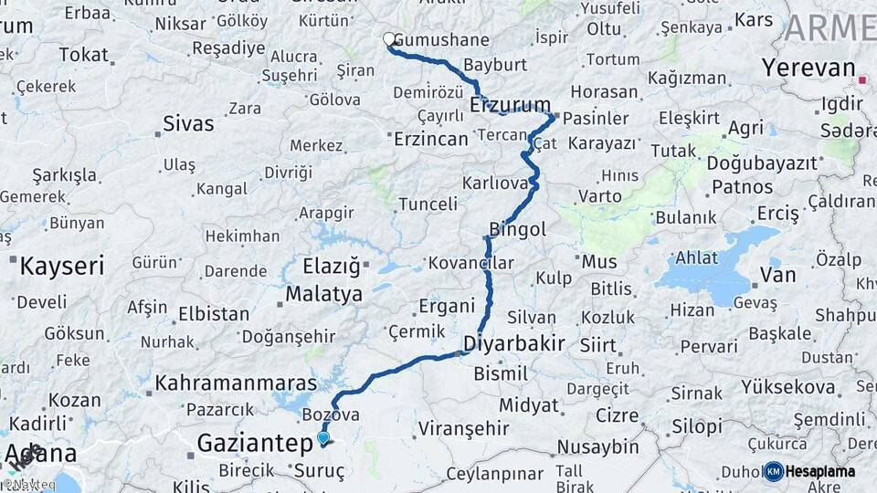Şanlıurfa Gümüşhane Arası Kaç Km - Yol Haritası