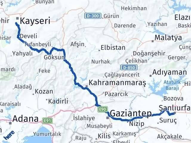 Şanlıurfa Hacılar Kayseri Arası Kaç Km - Yol Haritası