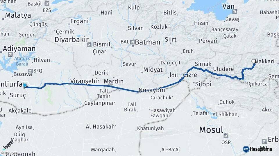 Şanlıurfa Hakkari Arası Kaç Km - Yol Haritası