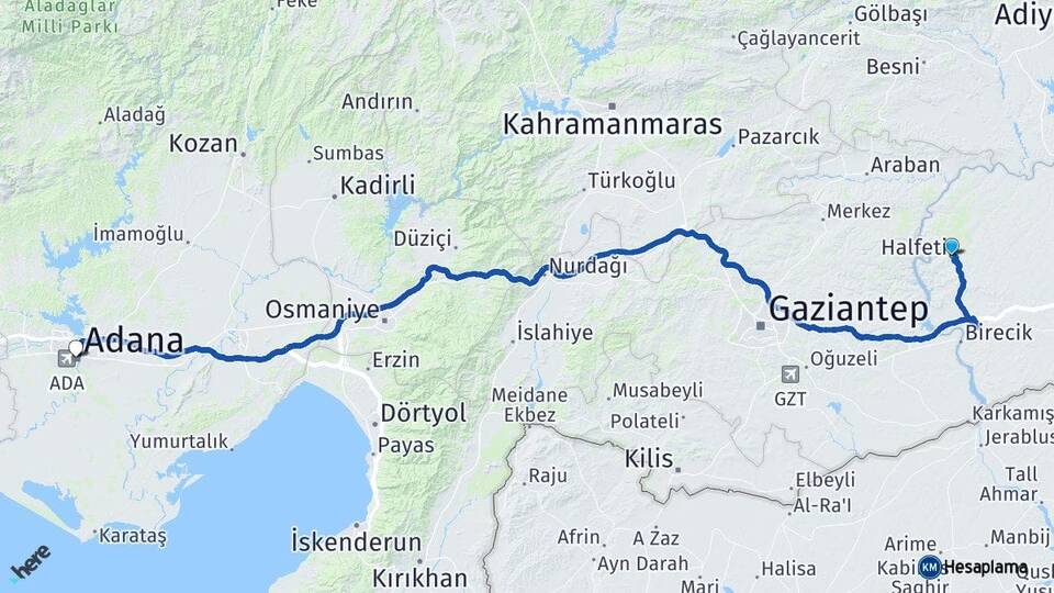 Şanlıurfa Halfeti Adana Arası Kaç Km - Yol Haritası