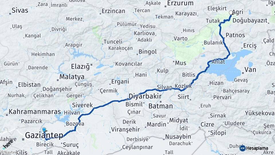 Şanlıurfa Halfeti Ağrı Arası Kaç Km - Yol Haritası