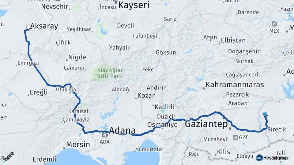 Şanlıurfa Halfeti Aksaray Arası Kaç Km - Yol Haritası