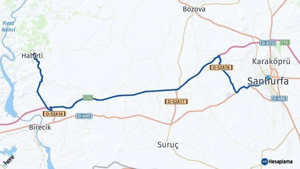 Şanlıurfa Halfeti Arası Kaç Km - Yol Haritası