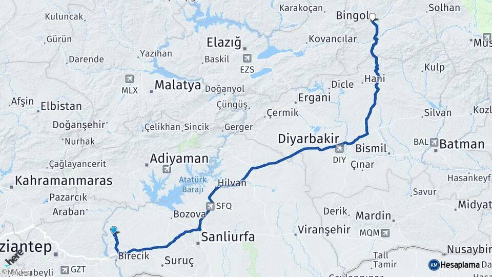 Şanlıurfa Halfeti Bingöl Arası Kaç Km - Yol Haritası