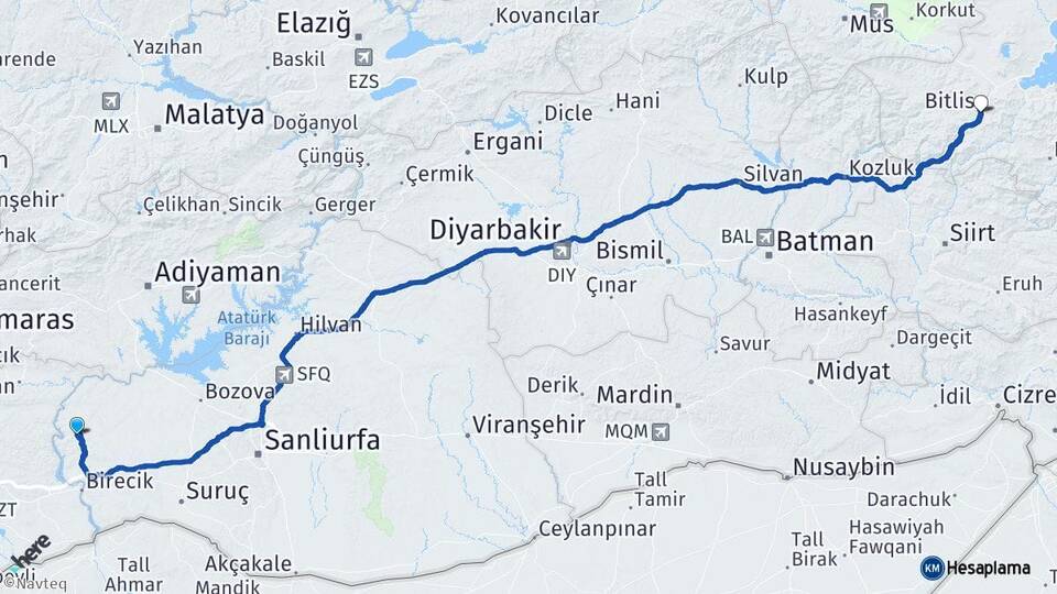 Şanlıurfa Halfeti Bitlis Arası Kaç Km - Yol Haritası