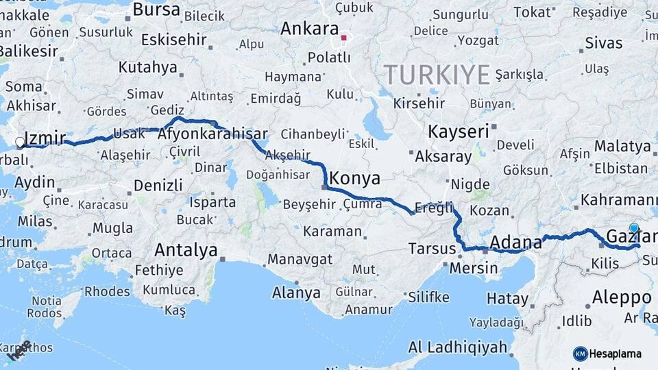 Şanlıurfa Halfeti İzmir Arası Kaç Km - Yol Haritası
