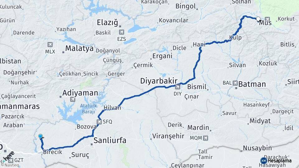 Şanlıurfa Halfeti Muş Arası Kaç Km - Yol Haritası