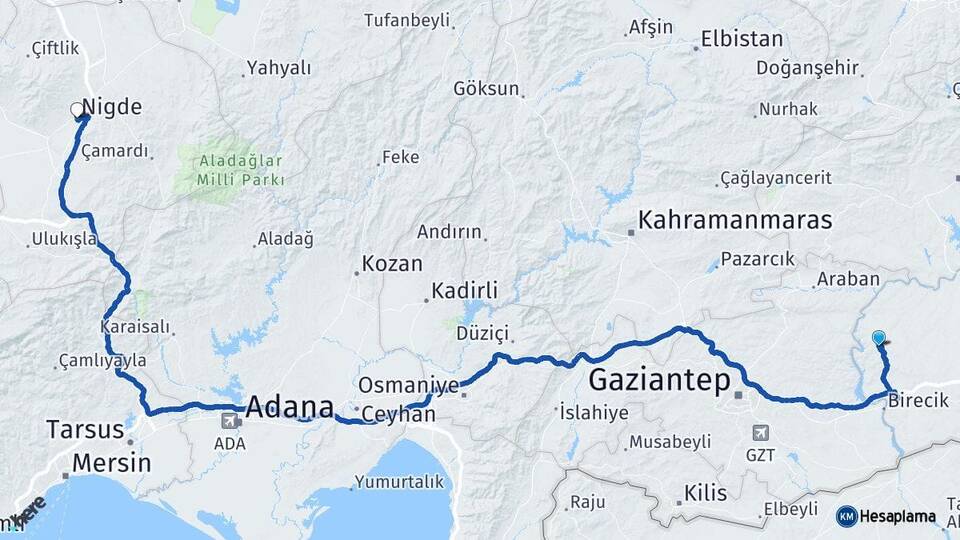 Şanlıurfa Halfeti Niğde Arası Kaç Km - Yol Haritası