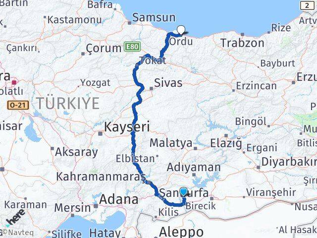 Şanlıurfa Halfeti Ordu Arası Kaç Km - Yol Haritası