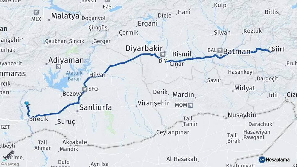 Şanlıurfa Halfeti Siirt Arası Kaç Km - Yol Haritası