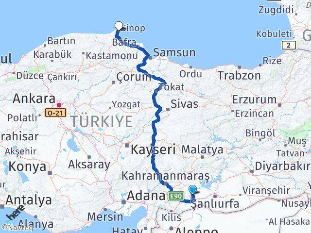 Şanlıurfa Halfeti Sinop Arası Kaç Km - Yol Haritası