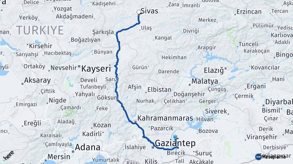 Şanlıurfa Halfeti Sivas Arası Kaç Km - Yol Haritası