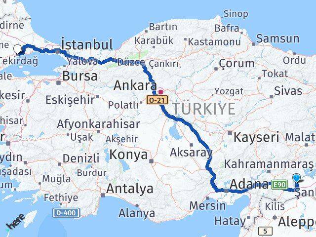 Şanlıurfa Halfeti Tekirdağ Arası Kaç Km - Yol Haritası