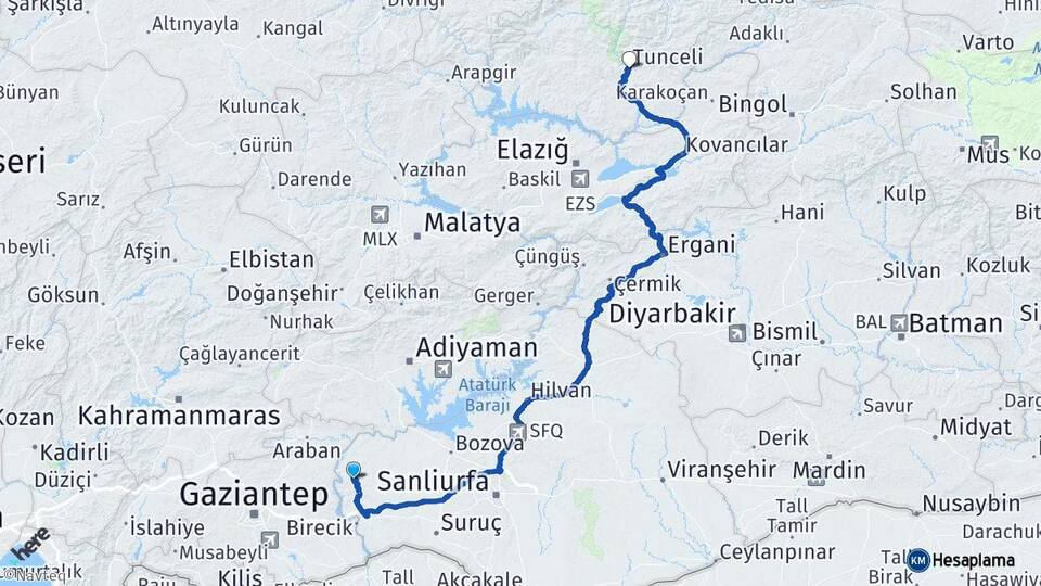 Şanlıurfa Halfeti Tunceli Arası Kaç Km - Yol Haritası