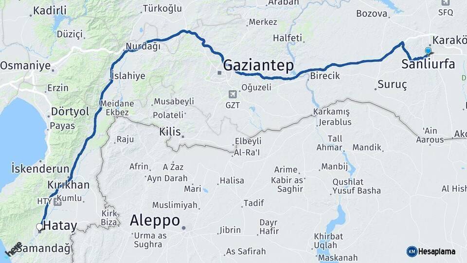 Şanlıurfa Hatay Arası Kaç Km - Yol Haritası