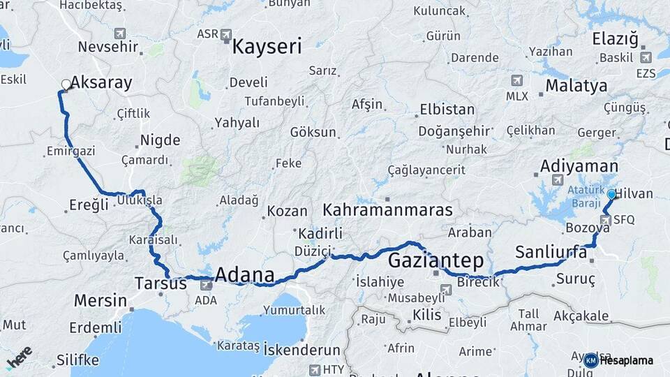 Şanlıurfa Hilvan Aksaray Arası Kaç Km - Yol Haritası