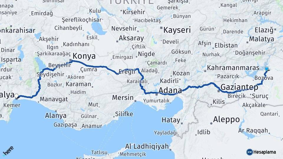Şanlıurfa Hilvan Antalya Arası Kaç Km - Yol Haritası