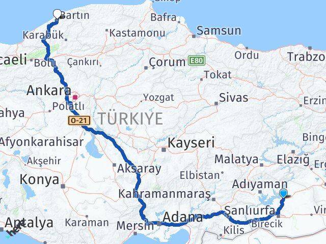 Şanlıurfa Hilvan Bartın Arası Kaç Km - Yol Haritası