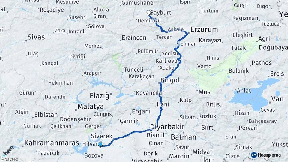 Şanlıurfa Hilvan Bayburt Arası Kaç Km - Yol Haritası