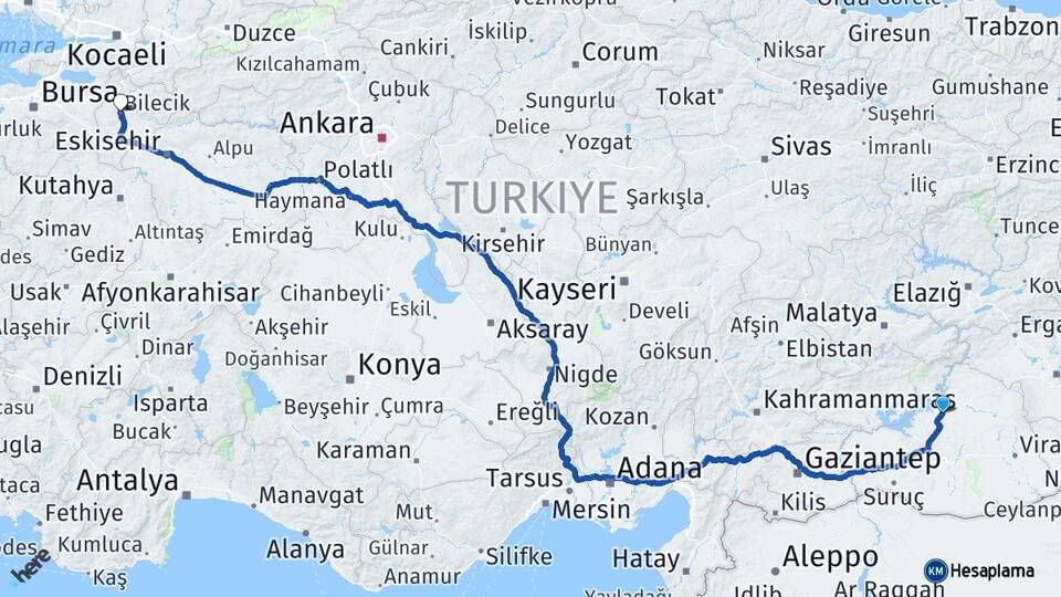 Şanlıurfa Hilvan Bilecik Arası Kaç Km - Yol Haritası