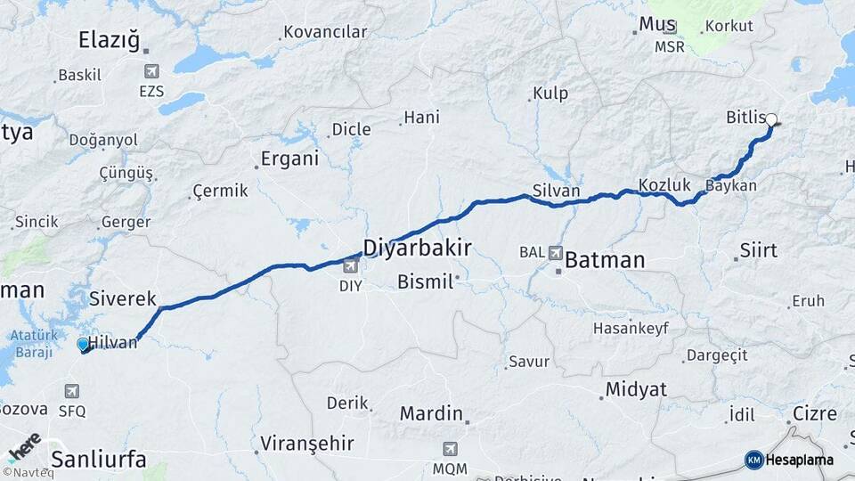 Şanlıurfa Hilvan Bitlis Arası Kaç Km - Yol Haritası
