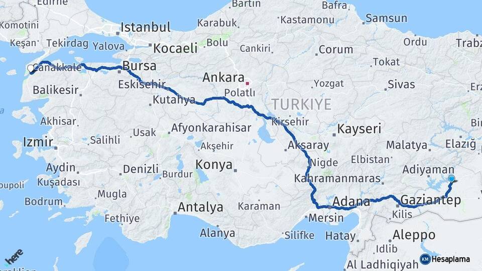 Şanlıurfa Hilvan Çanakkale Arası Kaç Km - Yol Haritası