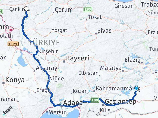 Şanlıurfa Hilvan Çankırı Arası Kaç Km - Yol Haritası