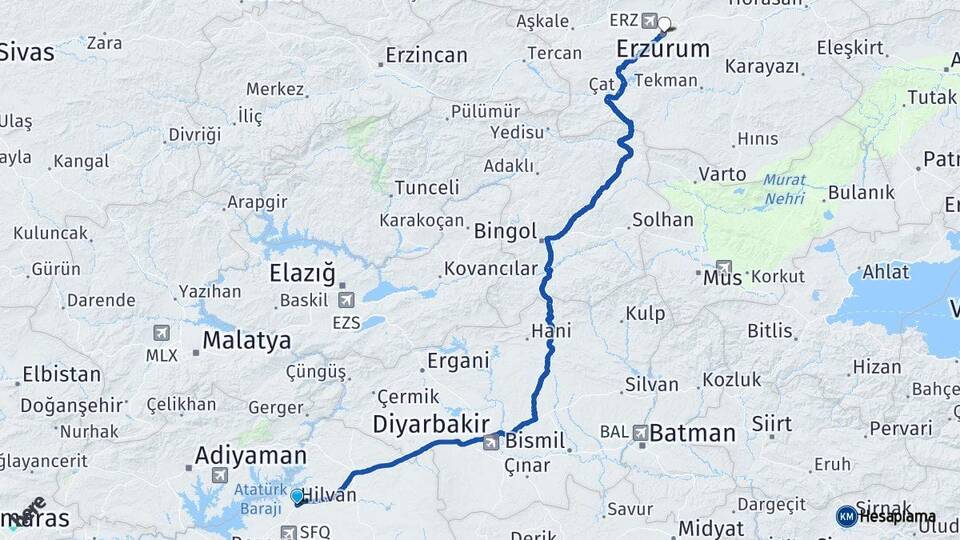 Şanlıurfa Hilvan Erzurum Arası Kaç Km - Yol Haritası
