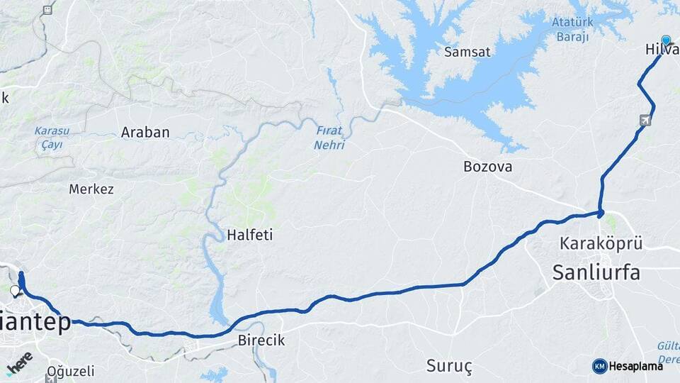 Şanlıurfa Hilvan Gaziantep Arası Kaç Km - Yol Haritası