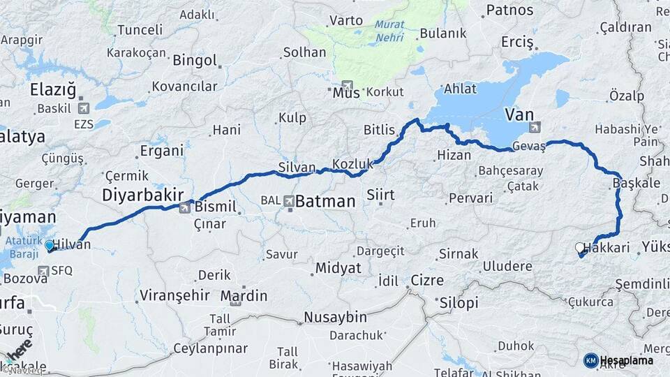 Şanlıurfa Hilvan Hakkari Arası Kaç Km - Yol Haritası