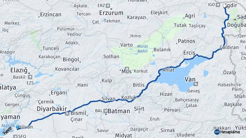 Şanlıurfa Hilvan Iğdır Arası Kaç Km - Yol Haritası