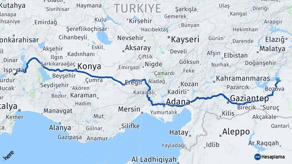 Şanlıurfa Hilvan Isparta Arası Kaç Km - Yol Haritası