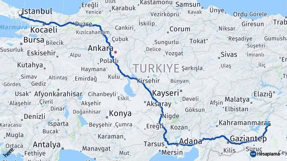 Şanlıurfa Hilvan İstanbul Arası Kaç Km - Yol Haritası