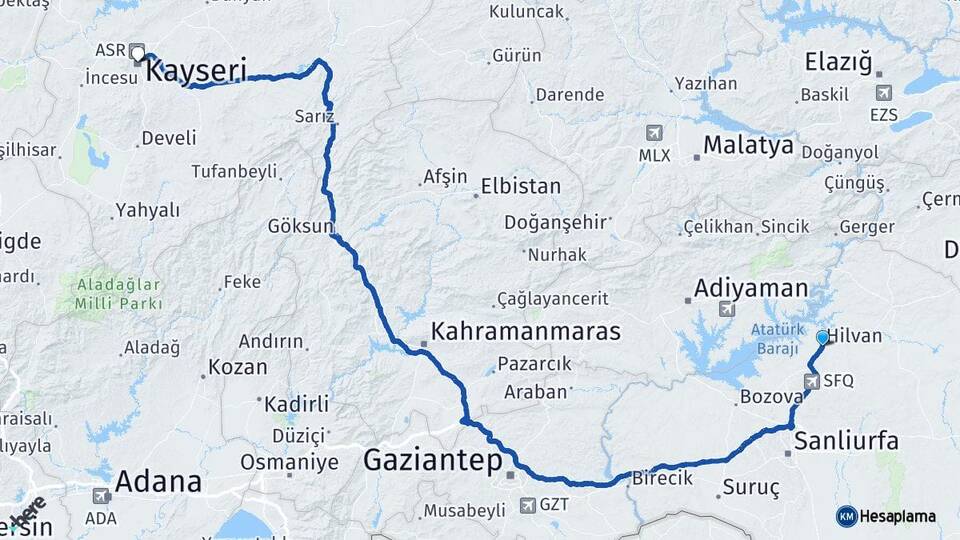 Şanlıurfa Hilvan Kayseri Arası Kaç Km - Yol Haritası